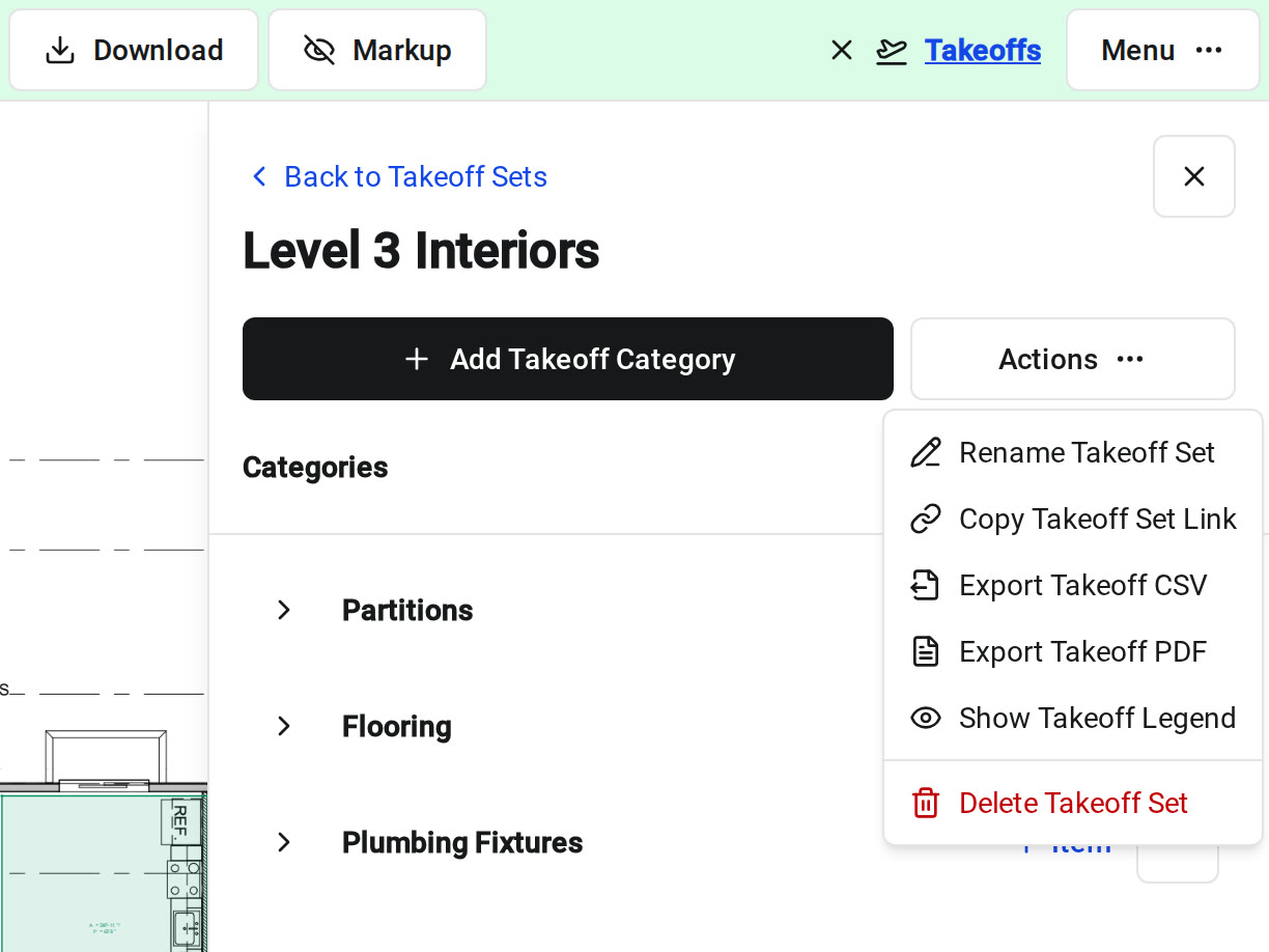 The Actions menu open on the Level 3 Interiors takeoff set in Constructable, with Rename Takeoff Set, Copy Takeoff Set Link, Export Takeoff CSV, Export Takeoff PDF, Show Takeoff Legend, and Delete Takeoff Set next to the set's Partitions, Flooring, and Plumbing Fixtures categories