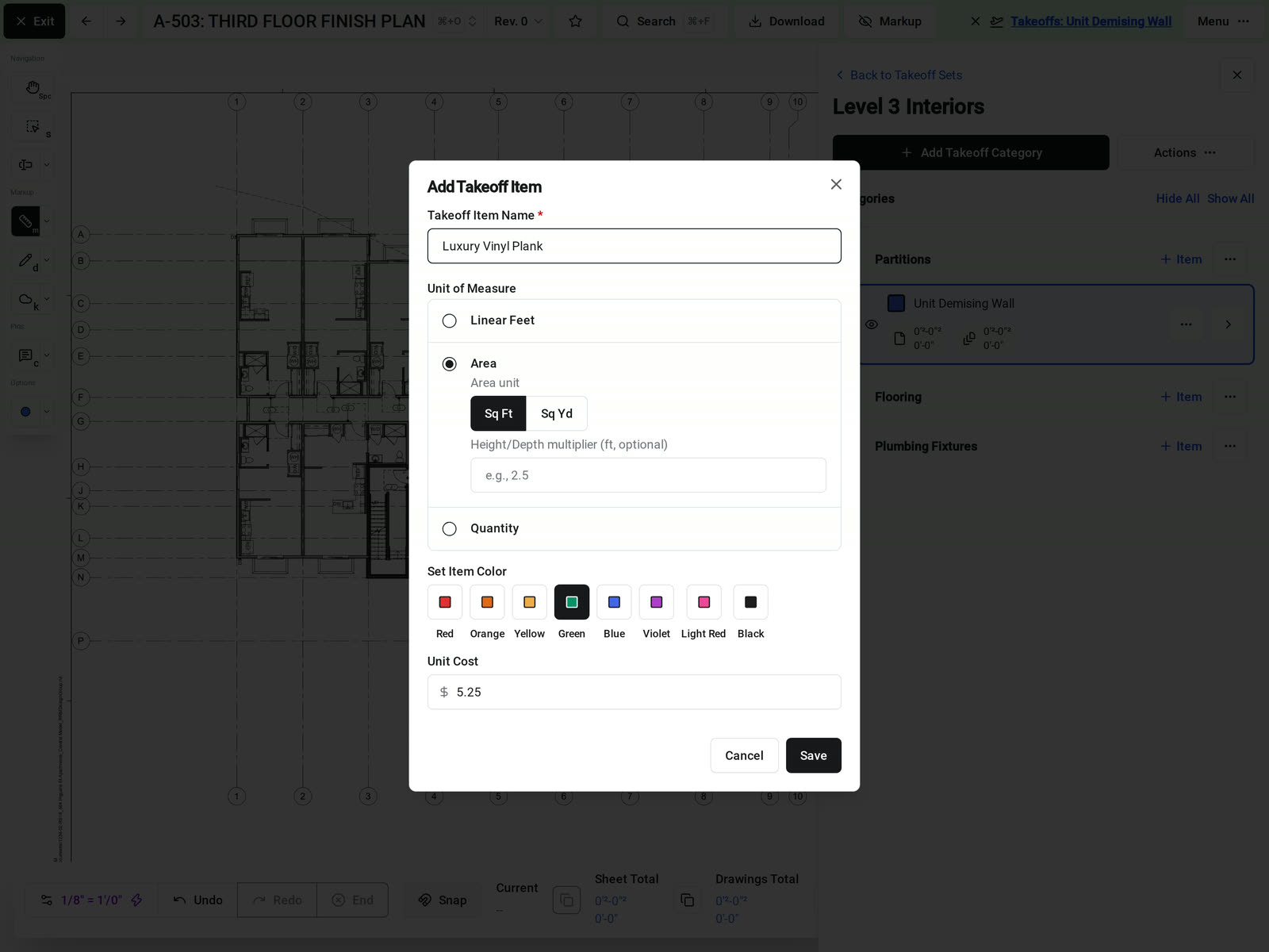 The Add Takeoff Item form in Constructable for a Luxury Vinyl Plank item, with Area selected in square feet, an optional height or depth multiplier, a green item color, and a unit cost of $5.25