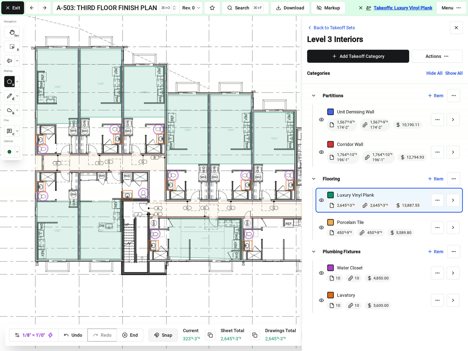 A room being traced for a Luxury Vinyl Plank item in Constructable, with the toolbar showing the current measurement, sheet total, and drawings total, and each takeoff item's totals and cost in the side panel