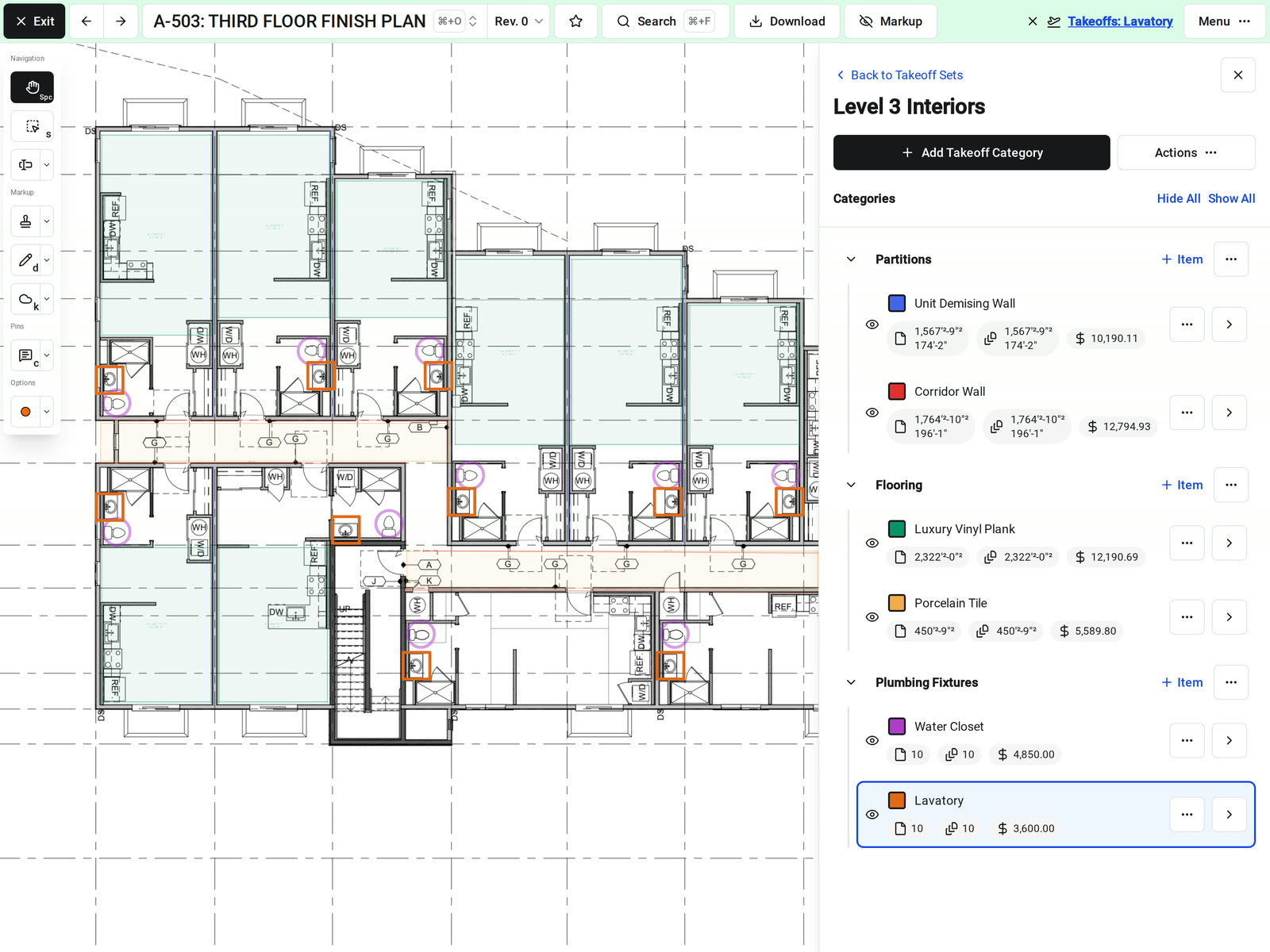 A takeoff set open on a third floor finish plan in Constructable, with flooring areas, corridor and demising walls, and water closet and lavatory counts marked in color, and each item's sheet total, drawing total, and cost in the side panel